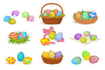 Fototapeta premium Flat vector set of cute Easter compositions. Painted eggs in baskets and nest. Spring holiday