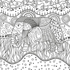 Abstract eastern pattern. Elephant on square mandala. Hand drawn animal with tribal patterns on isolation background. Design for spiritual relaxation for adults. Black and white illustration