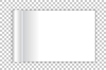 Rolled landscape magazine with white paper pages isolated on transparent background.