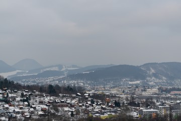 Roofs of houses covered by snow during winter. Slovakia