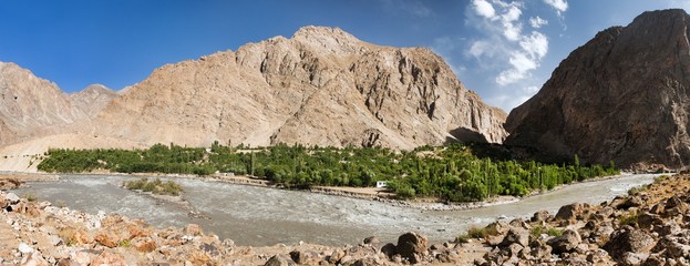 Panj or Amu Darya river and Pamir mountains Tajikistan