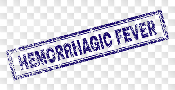 HEMORRHAGIC FEVER stamp seal print with corroded style and double framed rectangle shape. Stamp is placed on a transparent background.