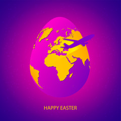 Easter egg with yellow world map. Planet Earth in form of egg on bright purple space background with flying air plane and greeting. Concept of Easter celebration and travel.