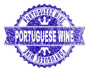 PORTUGUESE WINE rosette seal watermark with grunge texture. Designed with round rosette, ribbon and small crowns. Blue vector rubber watermark of PORTUGUESE WINE label with corroded texture.