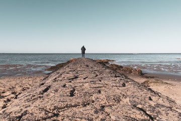 single person at the beach in a minimalist wintry composition 