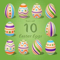 Set of 10 simple patterned easter eggs, striped and polka dots collection