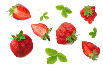 Strawberry with green leaf and slices isolated on white background. Healthy food. top view