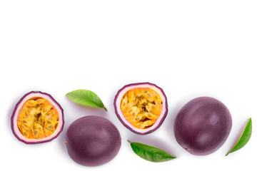 passion fruits with leaves isolated on white background with copy space for your text. Isolated maracuya. Top view. Flat lay