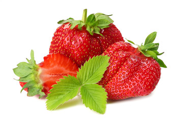 Strawberry with green leaf and slices isolated on white background. Healthy food.