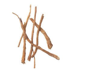 licorice roots isolated on white background. top view