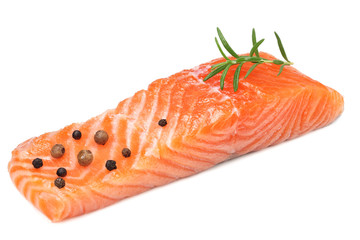 Red fish. Raw salmon fillet with rosemary isolate on white background.