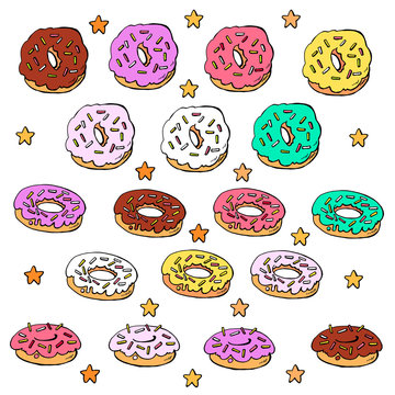 Multicolored donuts with stars on a white background