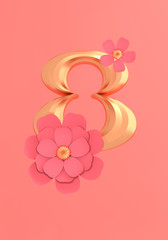 Number eight with two flowers on living coral background 3D illustration with copy space