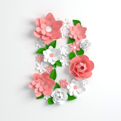 Paper flower alphabet letter B 3d render