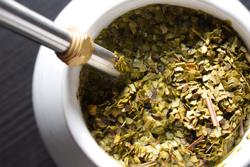 Yerba mate green tea, brewing tea, leaf tea, background photo