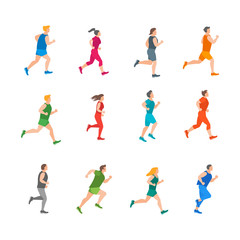 Fototapeta na wymiar Cartoon Color Jogging Characters People Set. Vector