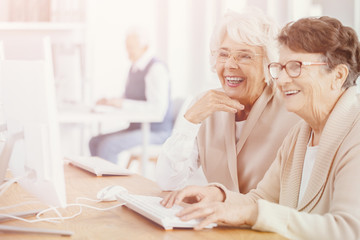 Bright photo of two smiling senior women with glasses during computer classes for elderly people at third age university