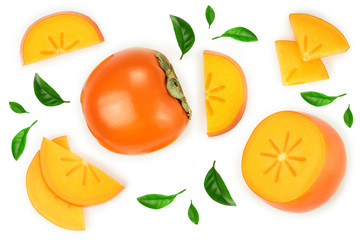 persimmon fruit isolated on white background. Top view. Flat lay pattern