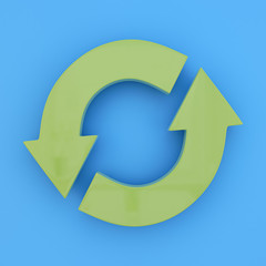 Green recycle symbol on blue background. 3D illustration.