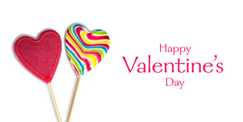  Valentines Day card concept. Heart shaped lollipops isolated on white background. Flat lay
