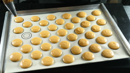Dough or cream for macaroon on confectionery form ready for baking