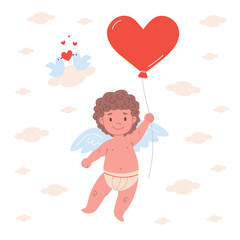 Happy  cupid character holding balloon in shape of heart and soaring  in clouds with birds falling in love. Flat card illustration design for Valentine's Day and holidays.