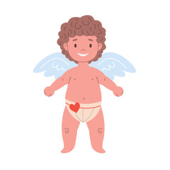 Smiling funny cupid character with wings in underwear with heart. Flat isolated illustration