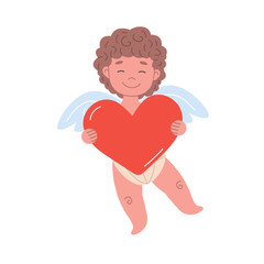 Cupid character holding big heart with place for text. Flat isolated vector illustration