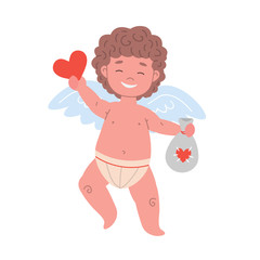 Funny smiling cupid character holding valentine greeting card and bag.  Flat isolated illustration