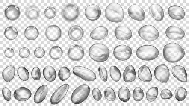 Set of gray translucent water drops and bubbles of different shapes, isolated on transparent background. Transparency only in vector format