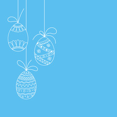 Vector Easter invitation card from three doodle Easter eggs. Hand drawing Easter template from white eggs on blue background