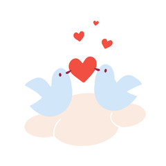 Pair of doves in love sitting on a cloud and holding in beaks heart.  Flat isolated illustration for Happy Valentine's Day and Holidays
