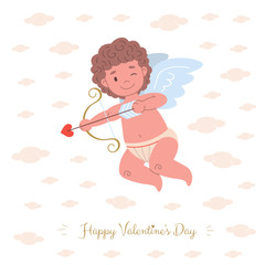 Little cupid angel character shooting or aiming arrow of love and flying in clouds.  Flat card illustration with text Happy Valentine's Day.