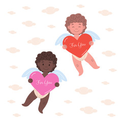 Little european and african cupids  flying in clouds and  holding big hearts with text For You. Flat card illustration design for Valentine's Day and holidays.