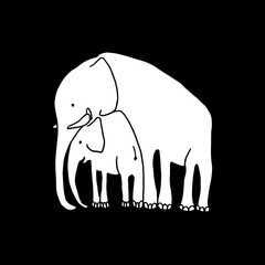 Vector illustration of white baby and mother elephant on black background. Cartoon elephant family
