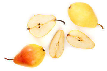 ripe red yellow pear fruits isolated on white background with copy space for your text. Top view. Flat lay pattern