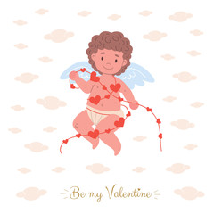 Funny little cupid character holding the garland with hearts and flying in clouds.  Flat card illustration design with text Be My Valentine