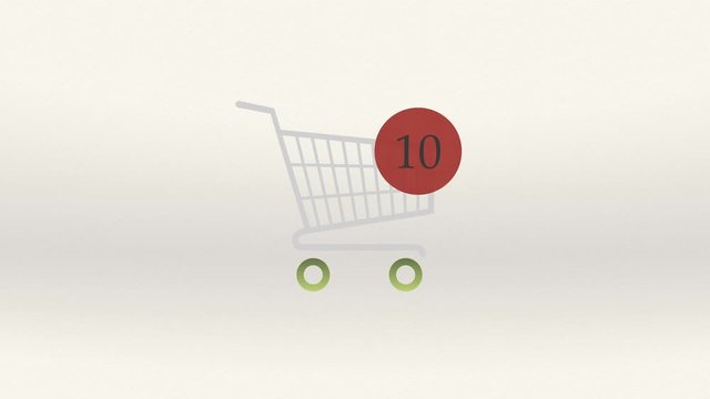 Animation of adding Items to a shopping cart Icon.  Shopping cart appears from the left,  animated counting numbers.