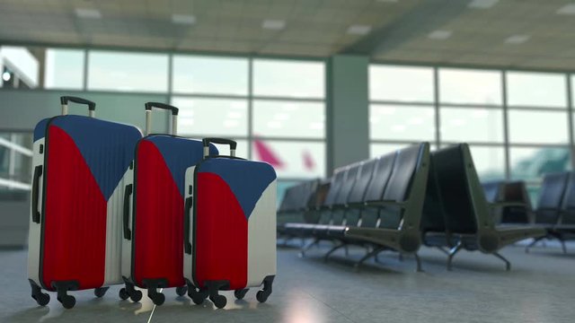 Travel suitcases featuring flag of the Czech Republic. Tourism conceptual animation