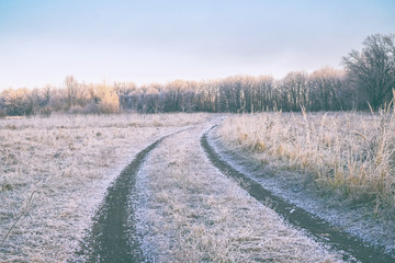 Rural road in frost. Late autumn, Early winter