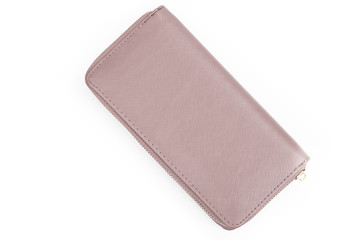 Pearl color woman wallet. Nacre long wallet isolated on white background.New woman purse. Great for financial concepts:shopping, ecommerce, lack of money, employment, falling stocks, wealth, abundance
