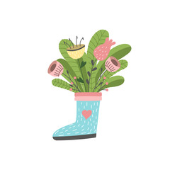 Beautiful flowers in a blue rubber boot.