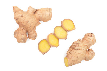 fresh Ginger root and slice isolated on white background with copy space for your text. Top view....