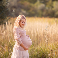 Fototapeta na wymiar Pretty young pregnant woman hugging her pregnant belly in park in beautiful sunny day. Family, motherhood, love, health, innocence and care