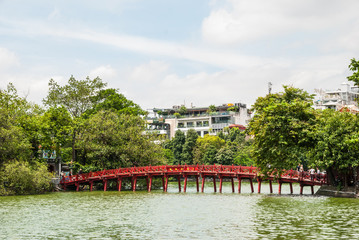 The huc bridge in the Hoan Kiem lake, Hanoi, Vietnam