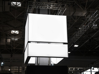 Mock up. Indoor advertising at the fair, event, Public information board hanging of empty white...