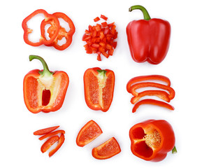 red sweet bell pepper isolated on white background. Top view. Flat lay. Set or collection