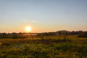landscape sunset sun evening haze forest nature field panorama 