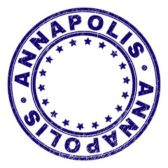 ANNAPOLIS stamp seal imprint with grunge texture. Designed with round shapes and stars. Blue vector rubber print of ANNAPOLIS text with grunge texture.