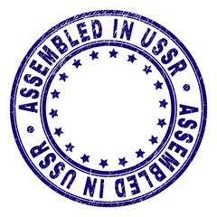 ASSEMBLED IN USSR stamp seal imprint with grunge texture. Designed with round shapes and stars. Blue vector rubber print of ASSEMBLED IN USSR caption with dust texture.